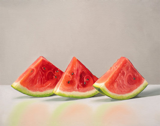 Vibrant fine art print of three realistic watermelon slices with red flesh and green rinds on a light background.