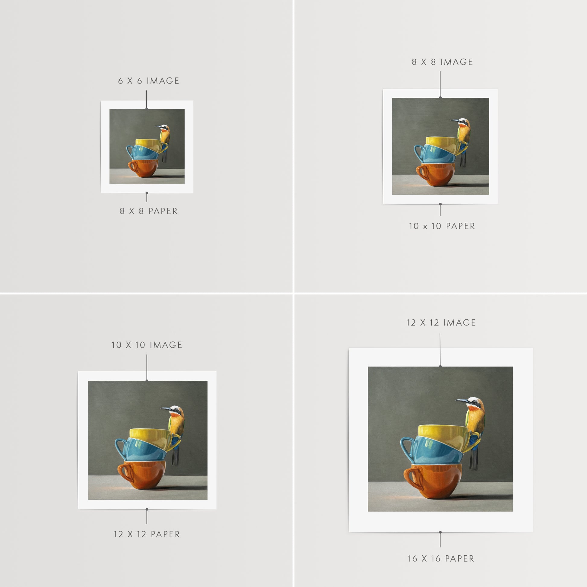 White Fronted Bee Eater & Rainbow Cups Fine Art Print by Lauren Pretorius: a White Fronted Bee Eater perched on top of a stack of colorful coffee cups.