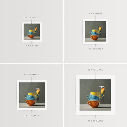 White Fronted Bee Eater & Rainbow Cups Fine Art Print by Lauren Pretorius: a White Fronted Bee Eater perched on top of a stack of colorful coffee cups.