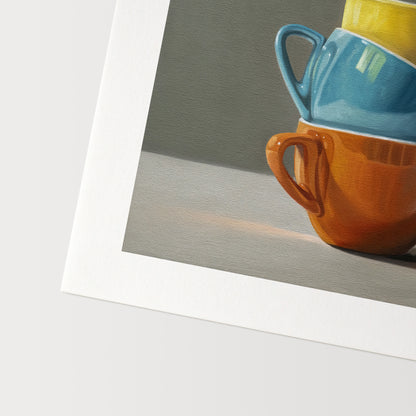 White Fronted Bee Eater & Rainbow Cups Fine Art Print by Lauren Pretorius: a White Fronted Bee Eater perched on top of a stack of colorful coffee cups.