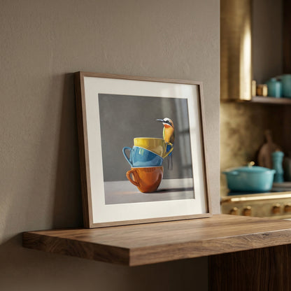 Framed fine art print of a White Fronted Bee Eater perched on stacked yellow, blue, and orange cups.