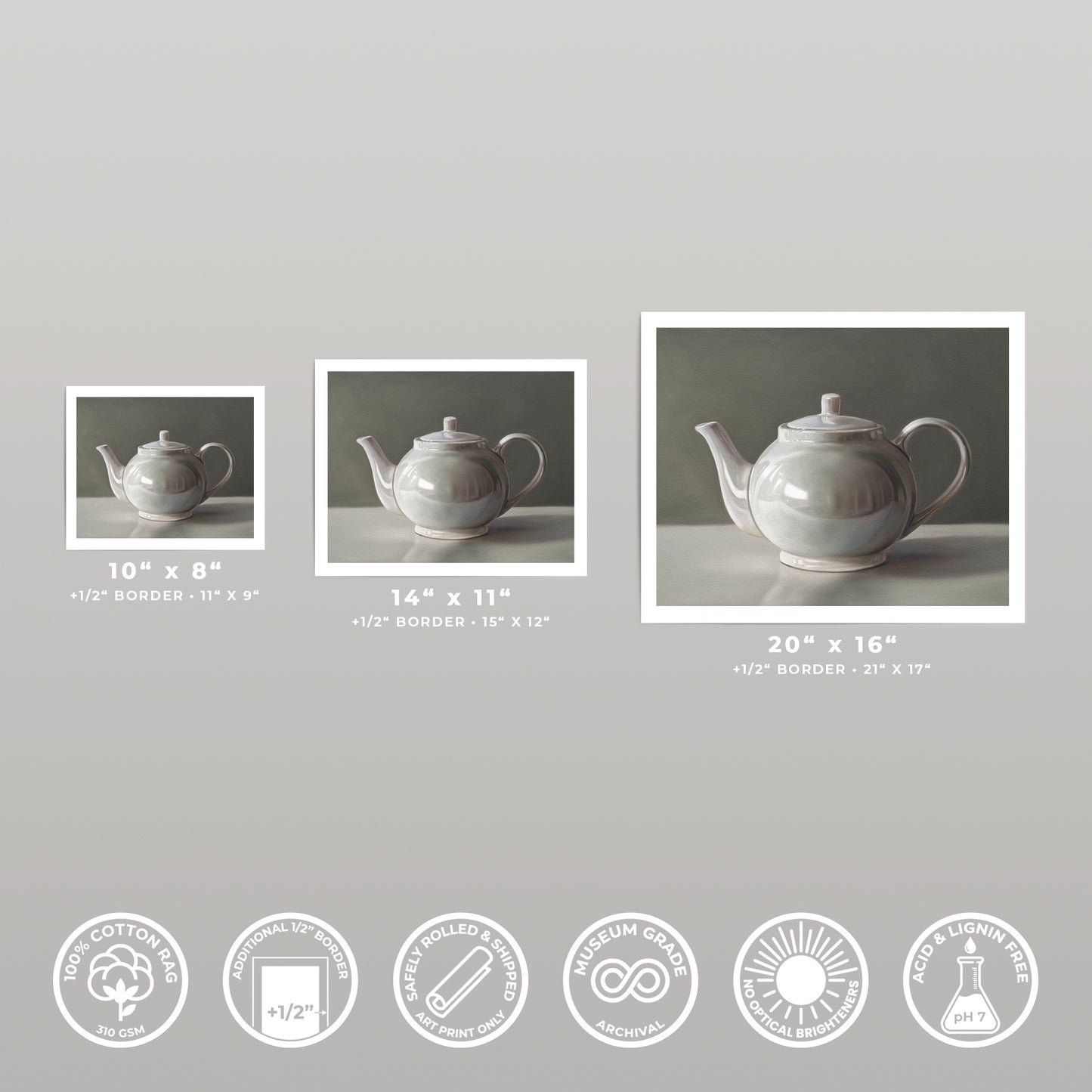 Three white teapot fine art prints in 10x8, 14x11, and 20x16 sizes, on cotton rag paper.