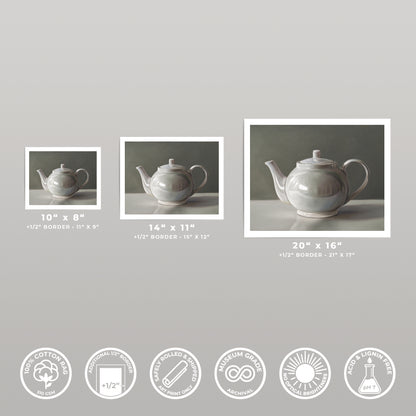 Three white teapot fine art prints in 10x8, 14x11, and 20x16 sizes, on cotton rag paper.