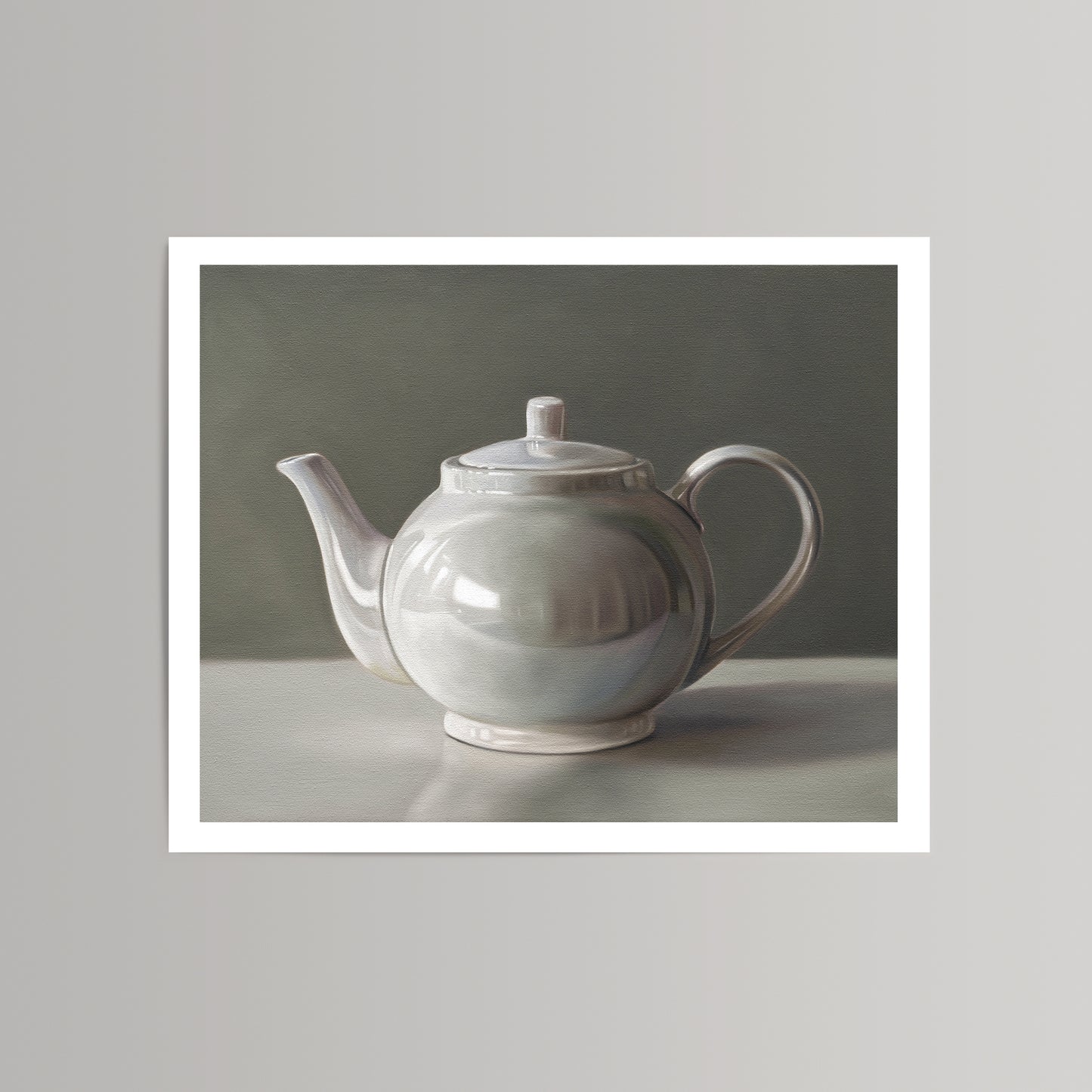 Fine art print of a glossy white ceramic teapot with a lid, featuring soft reflections against a dark background.