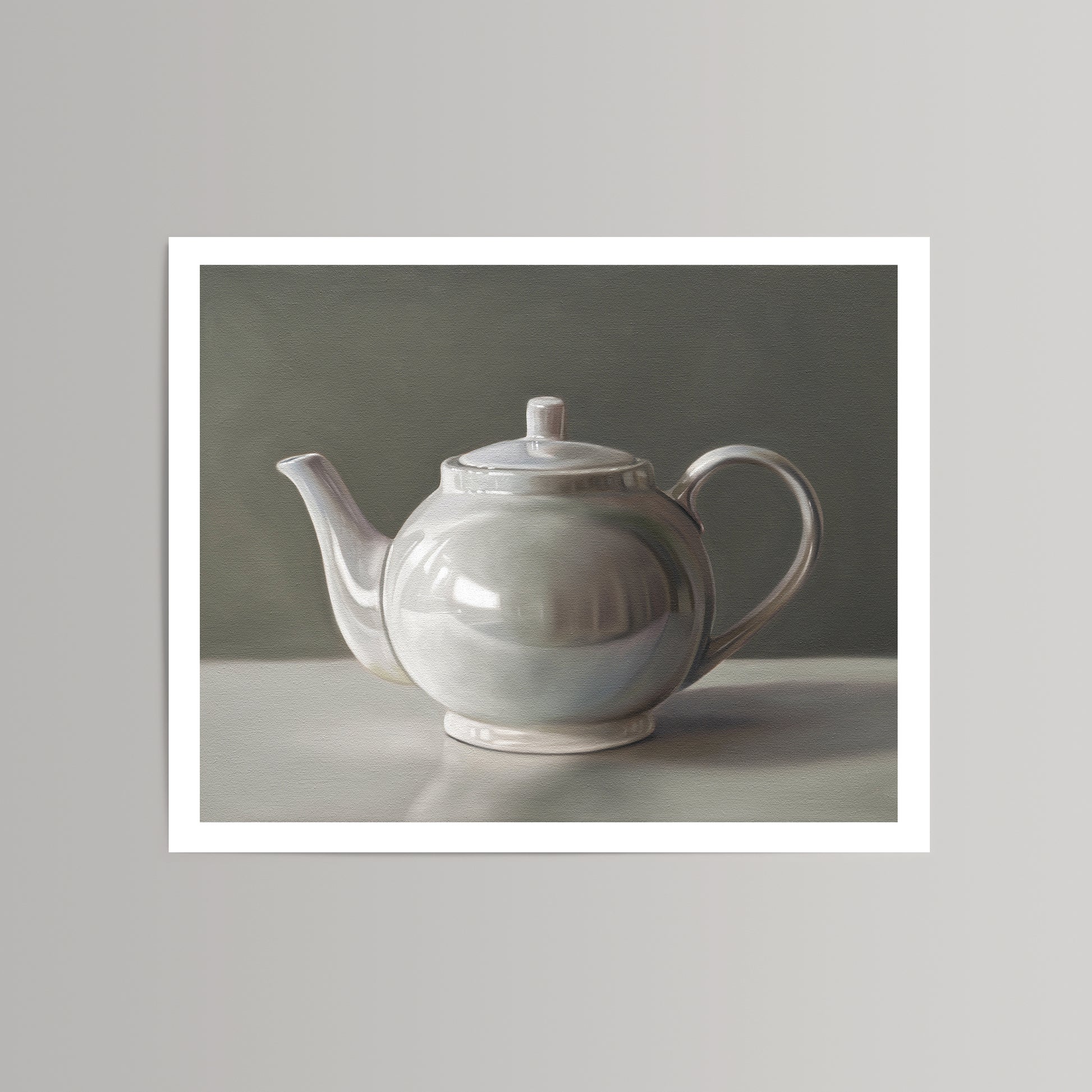 Fine art print of a glossy white ceramic teapot with a lid, featuring soft reflections against a dark background.