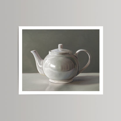 Fine art print of a glossy white ceramic teapot with a lid, featuring soft reflections against a dark background.