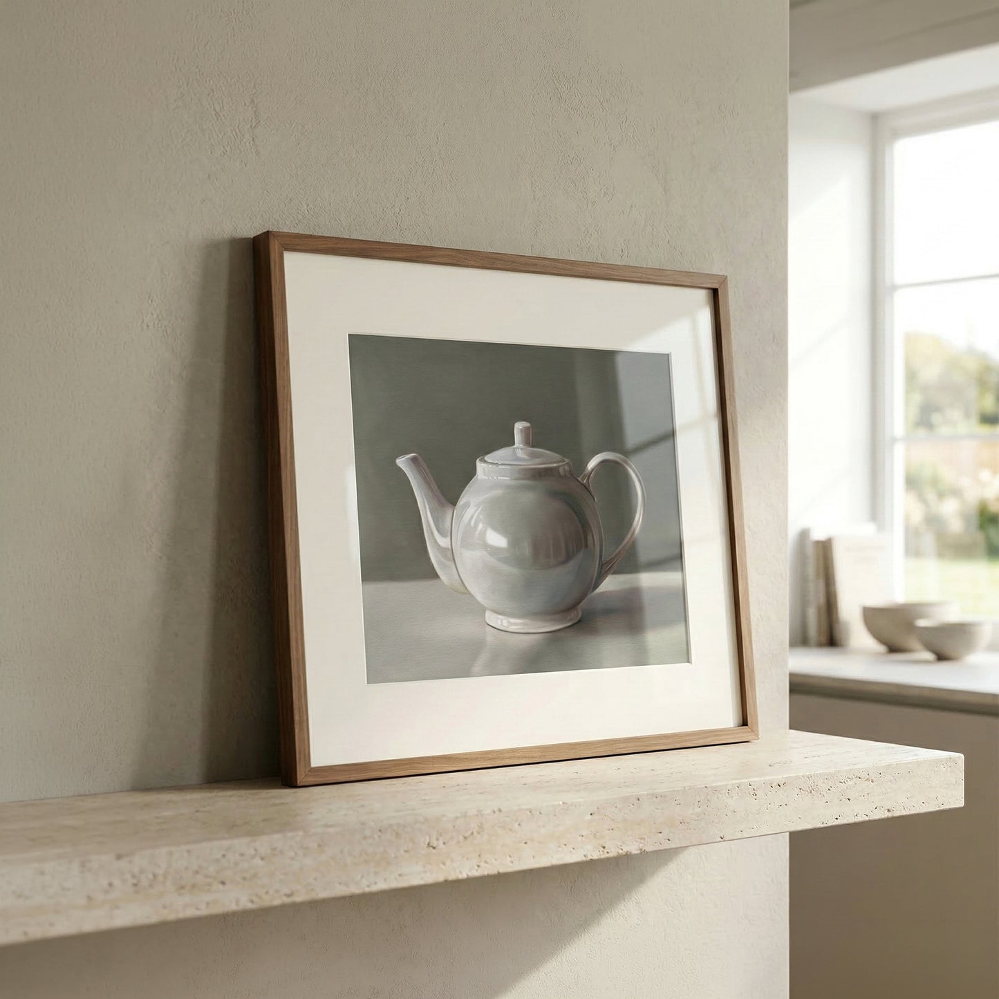 Framed fine art print of a white ceramic teapot with a subtle blue tint, displayed on a light stone shelf.