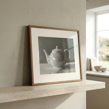 Framed fine art print of a white ceramic teapot with a subtle blue tint, displayed on a light stone shelf.