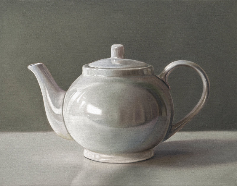 Fine art print of a glossy white ceramic teapot with a lid, handle, and spout, on a muted background.