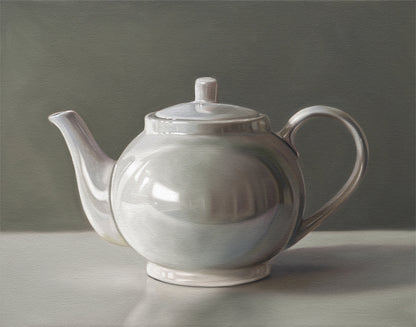 Fine art print of a glossy white ceramic teapot with a lid, handle, and spout, on a muted background.